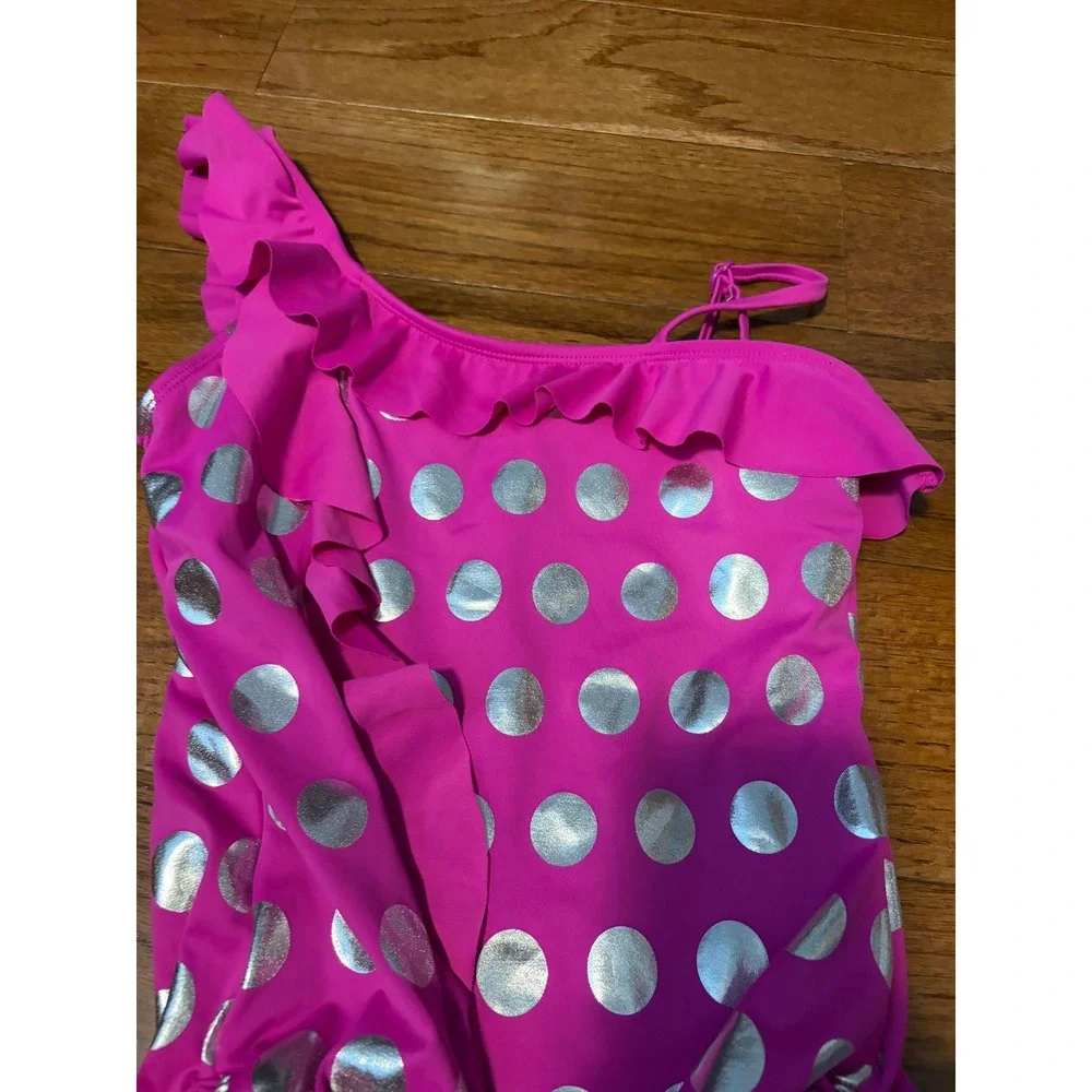 Justice One Piece Swimsuit Kids Size 14 Pink Silver Metallic Polka Dot Ruffle‎